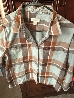 Christopher & Banks Light Blue and Brown Plaid Button-Down Shirt SizeM